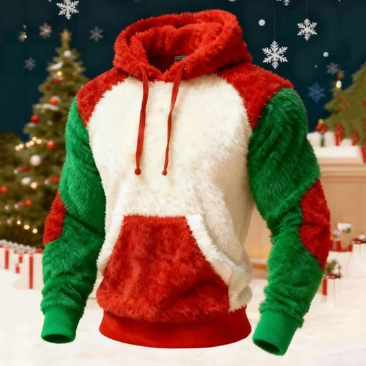 Men's Christmas Color Blocked Casual Plush Warm Hoodie
