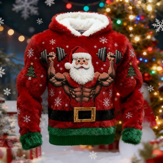 Men's Quirky Santa Claus Lifting Dumbbells Flannel Hoodie