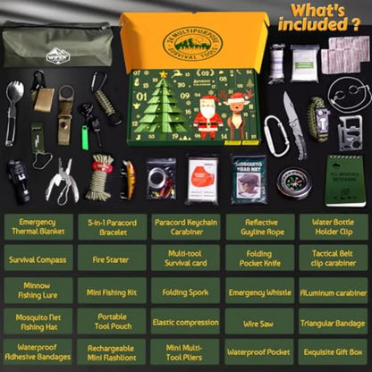 Survival Kit Advent Calendar 2025 for Men 24 Days Christmas Countdown Survival Tools for Adult Teen Xmas Holiday Surprise Gifts