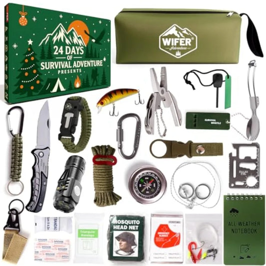 Survival Kit Advent Calendar 2025 for Men 24 Days Christmas Countdown Survival Tools for Adult Teen Xmas Holiday Surprise Gifts