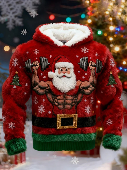 Men's Quirky Santa Claus Lifting Dumbbells Flannel Hoodie