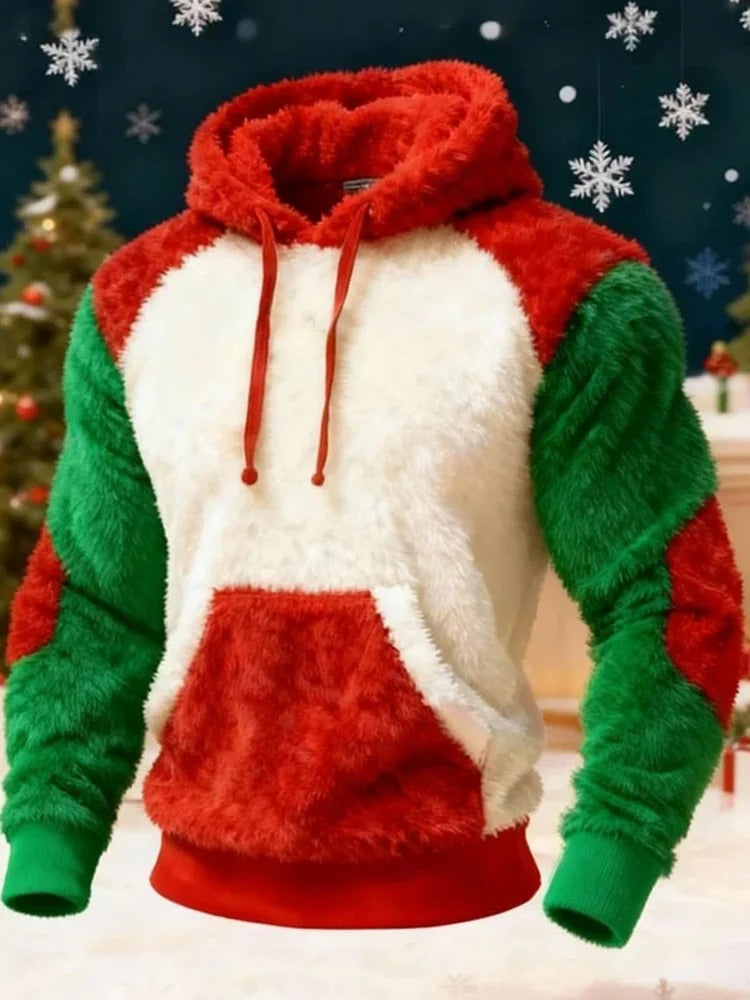 Men's Christmas Color Blocked Casual Plush Warm Hoodie