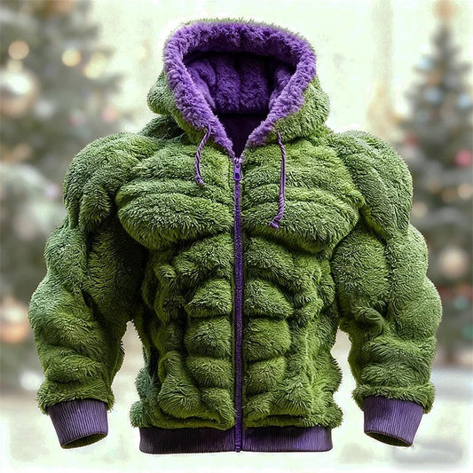 Men's Christmas Green Muscle Line Cozy Plush Full Zip Hoodie